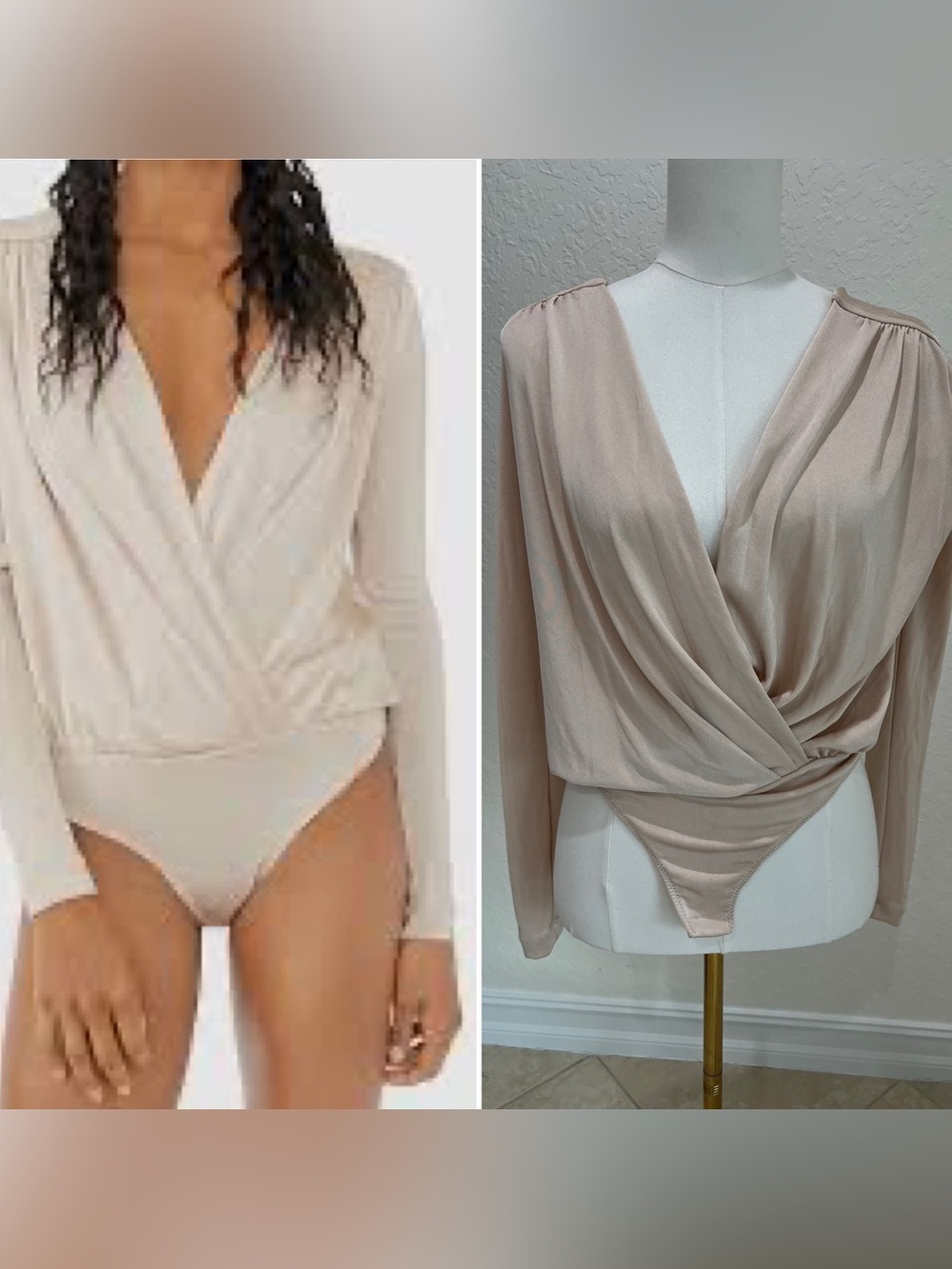 Free People Beige Draped Surplice Long-Sleeve Bodysuit